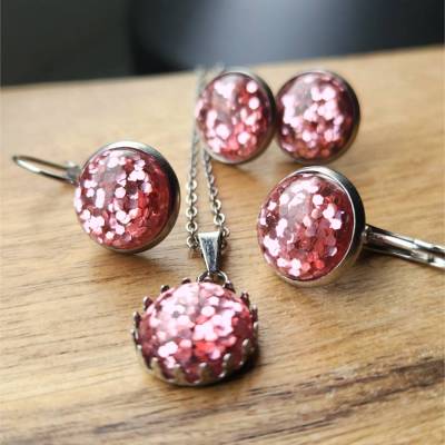 rosa Glitzer Ohrringe Glitter Ohrstecker, Ohrhänger, Ringe Cabochon Schmuck 