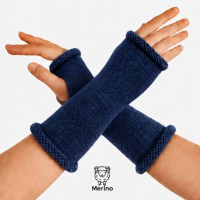 Pulswärmer 100 % Merino-Wolle handgestrickt marineblau mit Daumenloch - Damen - Einheitsgröße - Modell 9b