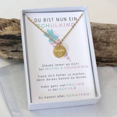Schulkind Kette Schulkette zum Schulanfang – Einschulungsgeschenk mit Gravur - personalisierte Kette für Kinder