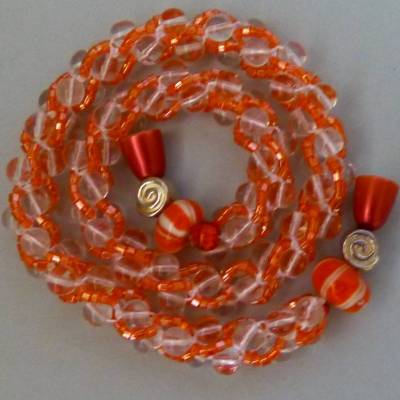 Halskette, Häkelkette orange + transparent, Länge 41cm, Perlenkette aus Glasperlenmix gehäkelt, Rocailles, Häkelschmuck