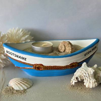 Personalierbares Boot mit Namen, Datum, Geo-Koordinaten; Deko-Schale als Geschenk-Set mit Dekosand, Teelicht und Muschel