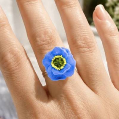 Blauer Mohnblumen Ring verstellbar Polymer Clay blauer Blumenring
