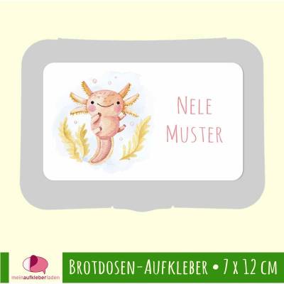 Namensaufkleber Axolotl rosa für Brotdose | Personalisierter Sticker Aquarell Schulanfang
