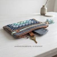 Häkel-Clutch Blau Braun Mint – Baumwolle Reißverschlusstasche mit Quaste