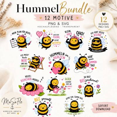 Hummel Bundle – 12 süße Bienen Designs | PNG & SVG | Plotterdateien | Sublimation | Cricut | Silhouette | Sofortdownload