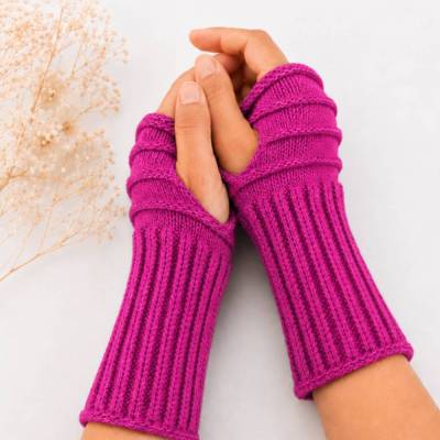 Pulswärmer 100 % Merino-Wolle handgestrickt pink mit Daumenloch - Damen - Einheitsgröße - Modell 4