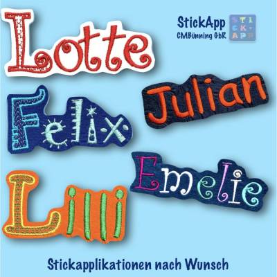 Wunschname: WÖRTER oder NAMEN  (Stickapplikation) in Wunschfarben und 3 Größen
