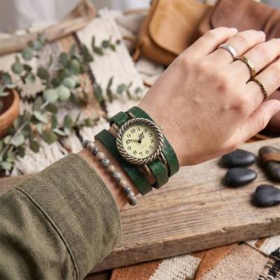 Vintage Wickeluhr Damen – Lederarmbanduhr, Wechselband, Farbauswahl