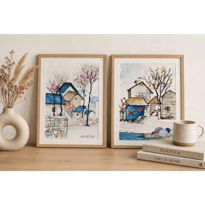 Aquarellbilder-Set Dorflandschaft