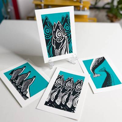 Siebdruck Mini Prints: Fisch und Wal Illustrationen, Set aus 4 handgedruckten A6 Kunstdrucken