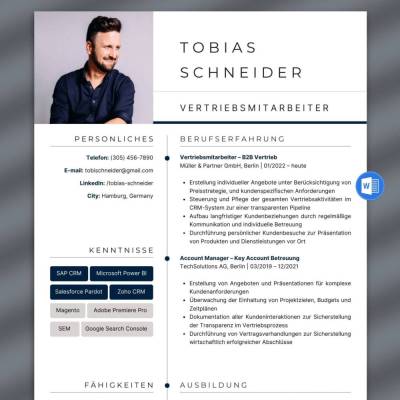Lebenslauf Vertriebsmitarbeiter Vorlage Word mit Anschreiben | Bewerbung für Sales Manager, Vertrieb & Außendienst