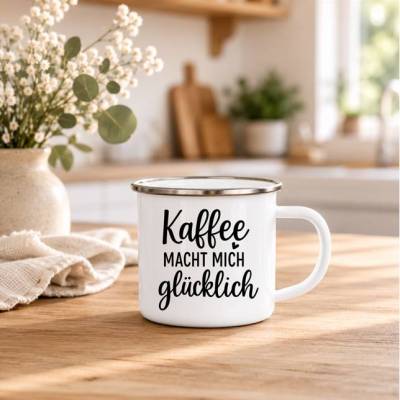 Kaffee macht mich glücklich - Emaille Tasse Kaffee Sprüche| Lustige Kaffeetasse | Geschenk für Kaffeeliebhabe