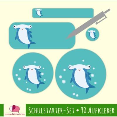 Schulstarter-Set Hammerhai – 90 Namensaufkleber zum Selbstbeschriften für Kinder, spülmaschinenfest & PVC-frei