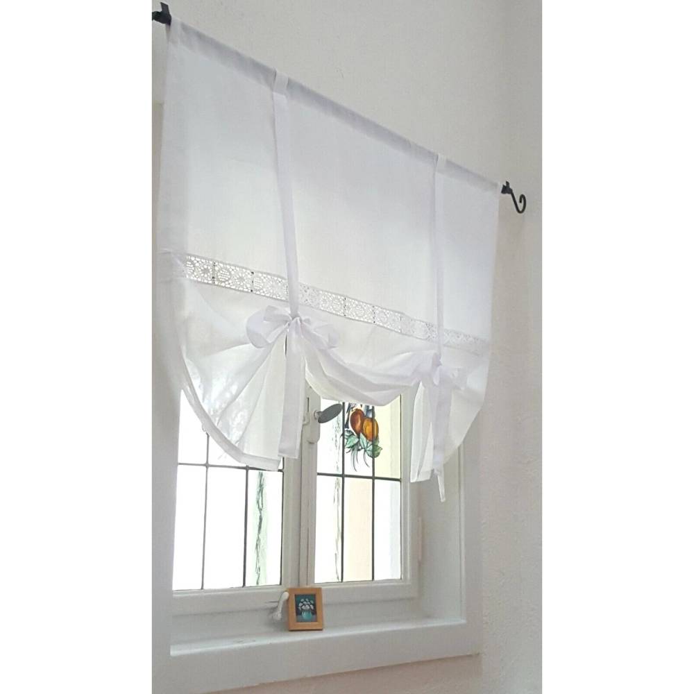 Raffgardine weiß Gardine Leinenmischung Raffrollo Klassisch Elegant Schlicht Landhausstil halbtransparent mit Spitze