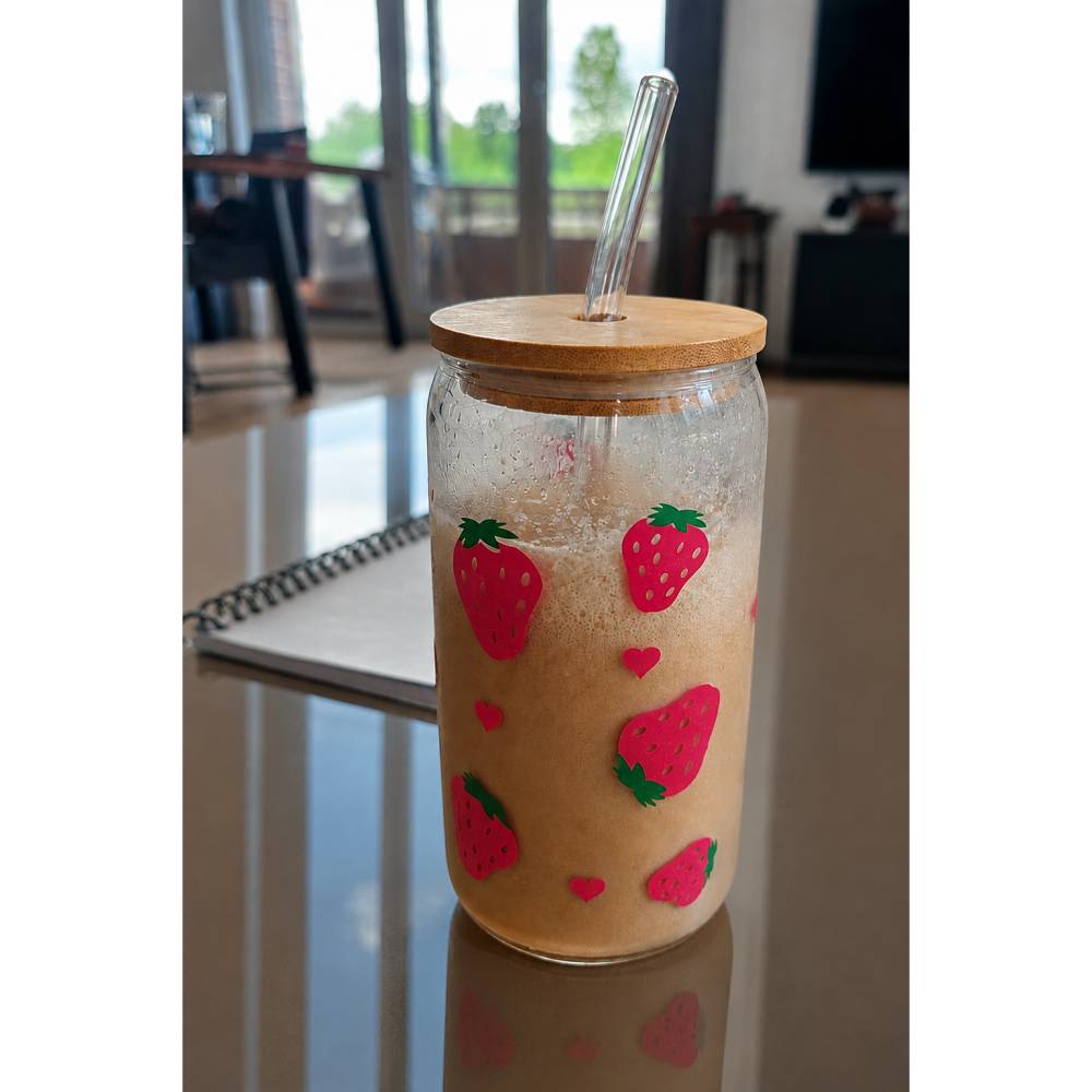 Trinkglas mit Erdbeer-Motiv Glas mit Bambusdeckel & Glasstrohhalm 16 oz Vinylfolie