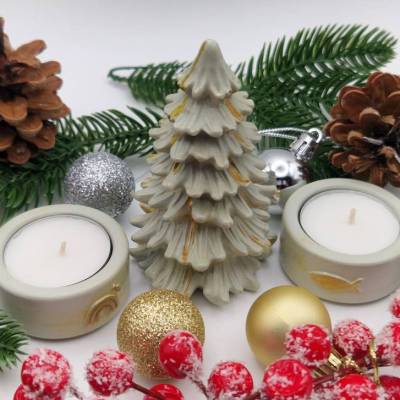 Handgefertigtes Weihnachtsdeko Set aus Raysin 200 – Tannenbaum & Teelichthalter minimalistisch