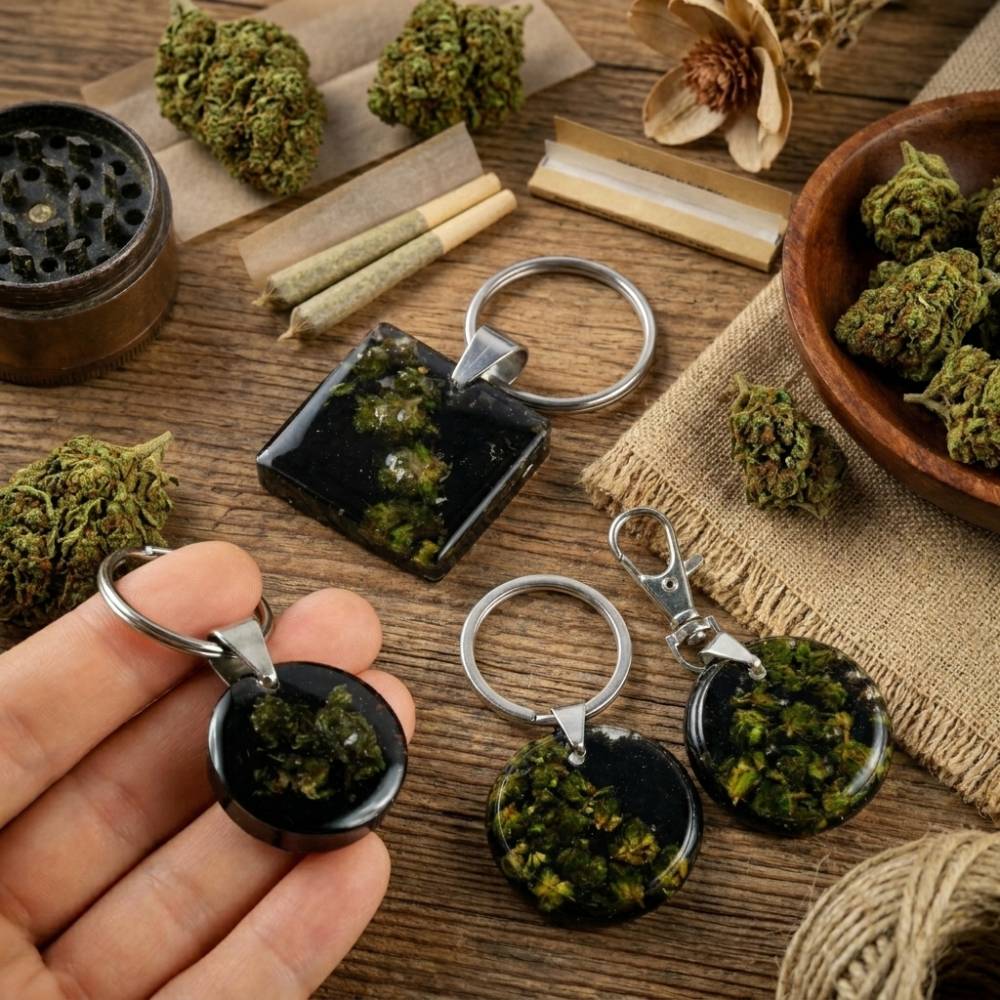 Schlüsselanhänger mit echter Hanfblüte – Handgefertigter Edelstahl Cannabis Schmuck