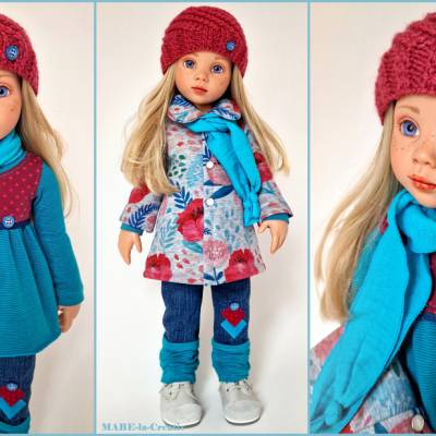 Puppenkleidung 50 cm Götz, MARIE - Beere Türkis Jeansblau Hellgrau, UNIKAT
