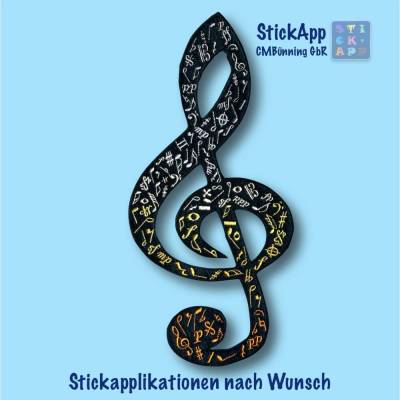 Notenschlüssel  – Stickapplikation mit Wunschname – Musik-Aufnäher – zum Aufbügeln
