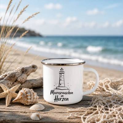 Meeresrauschen im Herzen - Emaille Tasse Meer | Maritime Tasse mit Leuchtturm | Nordsee Ostsee Geschenk | Camping