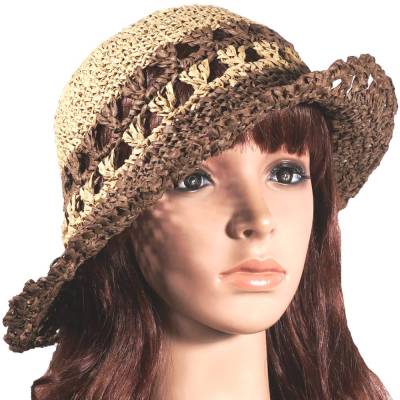 Sonnenhut Damen Sommerhut Braun Beige gehäkelt aus Papierfasergarn Gr. M 56-57 cm Handarbeit