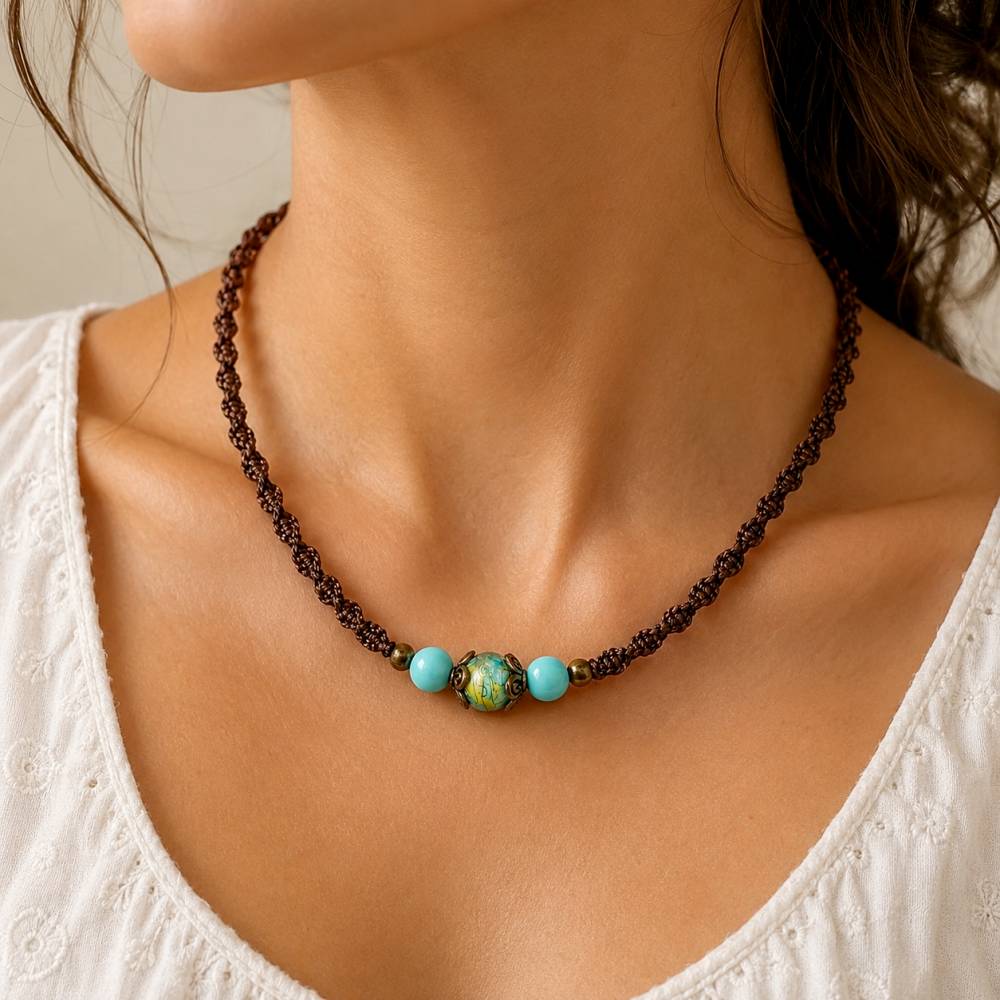 Makramee Kette mit Spiralknotenin dunkelbraun mit Acrylperlen in türkisblau und bronzefarbenen Metallperlen Bild 2