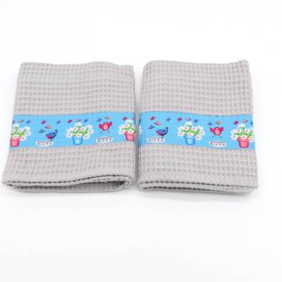 Geschirrtücher Waffelpiqué 2er Set Baumwolle Küchentücher 52x43 Handtücher Küche Katze Vögel Borte Grau Blau Handarbeit