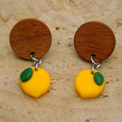 Zitronen Ohrringe mit Holzsteckern aus Polymer Clay