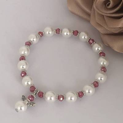 Modeschmuck Schutzengel Armband weiß mit roten Biconen 15-18cm Umfang
