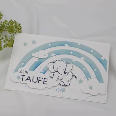 Taufkarte mit Elefant & Regenbogen – Handgemachte Glückwunschkarte zur Taufe
