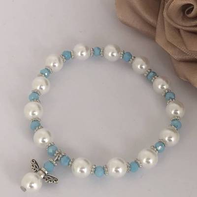 Modeschmuck Schutzengel Armband weiß mit blauen Biconen 15-18cm Umfang