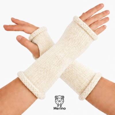Pulswärmer 100 % Merino-Wolle handgestrickt cremeweiß mit Daumenloch - Damen - Einheitsgröße - Modell 9b