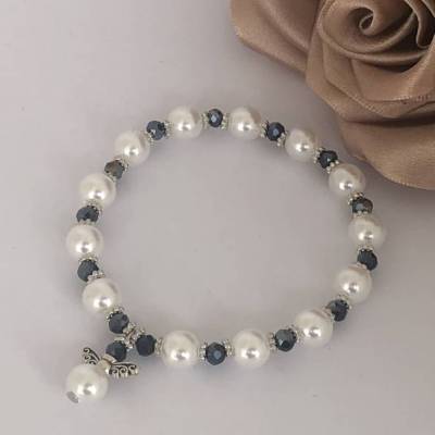 Modeschmuck Schutzengel Armband weiß mit schwarzen Biconen 15-18cm Umfang