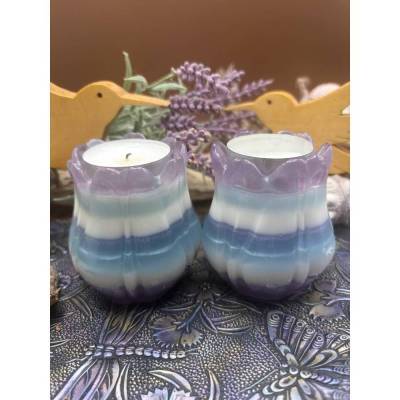 Handmade Teelichthalter Set aus Epoxidharz – 2er Set in Blütenform – Lila Blau Weiß – Resin Deko