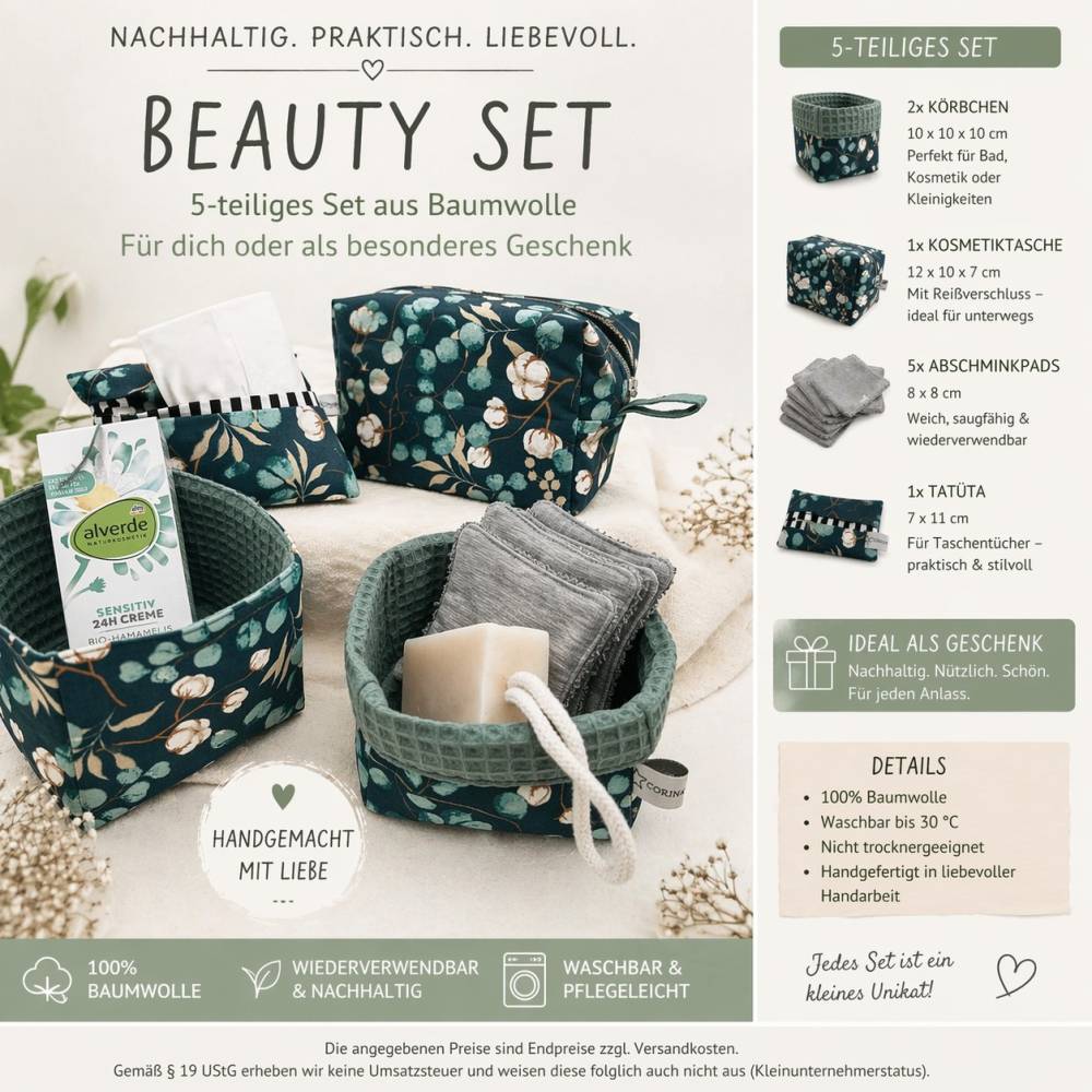 Handgemachtes Beauty-Set aus Baumwolle – Kosmetiktasche, Abschminkpads, Körbchen & Tatüta – nachhaltiges Geschenk