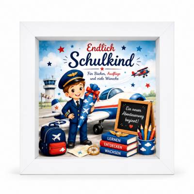 Holz-Spardose "Endlich Schulkind" mit Pilot– Geschenk zur Einschulung | Sparbox für Jungen