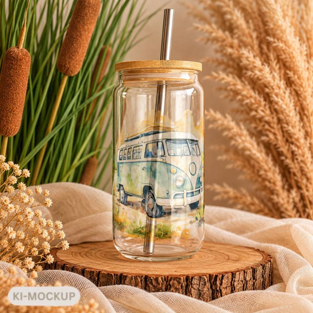 Trinkglas mit Camper Motiv 550 ml | Camping Glas mit Bambusdeckel & Metallstrohhalm
