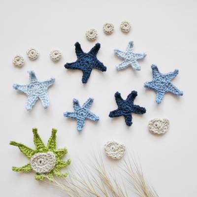 16-teiliges Häkelset: Seesterne, Seegras, Schnecken, Luftblasen zum Aufnähen, Häkelapplikationen, Aufnäher, blau