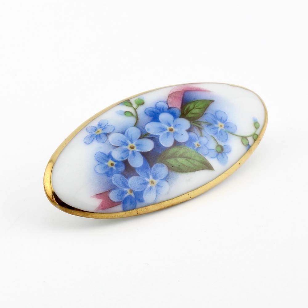 Vintage König Bavaria Porzellan Brosche mit Vergissmeinnicht Blumen Motiv