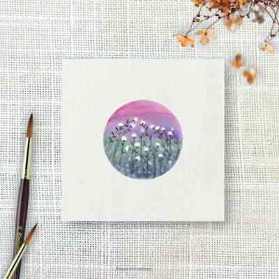 BLUMENWIESE Miniatur rund, Wandbild als Kunstdruck auf Büttenpapier nach handgemaltem Aquarell, Minibild im Landhausstil