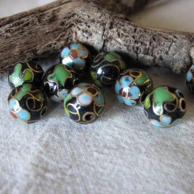 Cloisonné Perlen Emaille mit Kirschblüten, Vintage, 8 mm, schwarz oder marineblau, 2 Stück