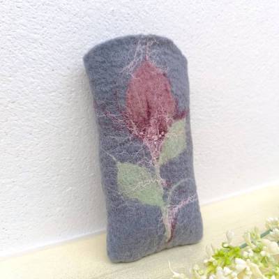 KLEINES ETUI/TÄSCHCHEN, einzigartiges Rosenmotiv, Naturmaterial Wolle, Handmade, Grau/Rosa/Mauve/Grün,
