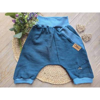 Musselin Pumphose Kurz Shorts Gr.122/128 Sommer – Kinder Unikat Blau Unisex Kinderkleidung Pants