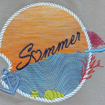 Stickdatei Sommer nautic 18x18cm bzw. 20x20cm – Maritimes Stickmotiv Sonne, Meer, Anker & Segelboot