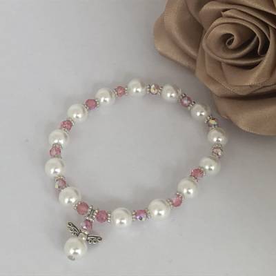 Modeschmuck Schutzengel Armband weiß mit kräftigen rosa Biconen 15-18cm Umfang