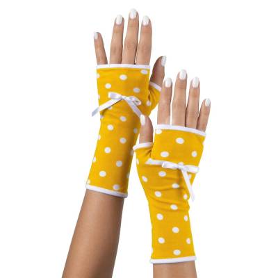 Fingerlose Damen Jersey Handschuhe sonnengelb mit Futter/Paspel & Pin-Up-Schleife + große Polkadots in weiß / Handarbeit