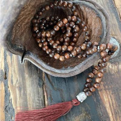 Mala Kette - Holz & Edelstahl, Buddha