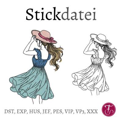 Stickdatei Dame im Sommerkleid Sommer Konturstich