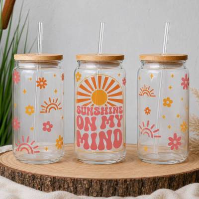 Trinkglas Sunshine on my Mind | 500 ml Glas mit Bambusdeckel & Glasstrohhalm | Sommer Geschenk