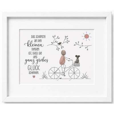 Steinbild Fahrrad mit Hund – Handgemachtes Geschenk für Tierfreunde | Kieselsteinbild mit Spruch | Personalisierbar